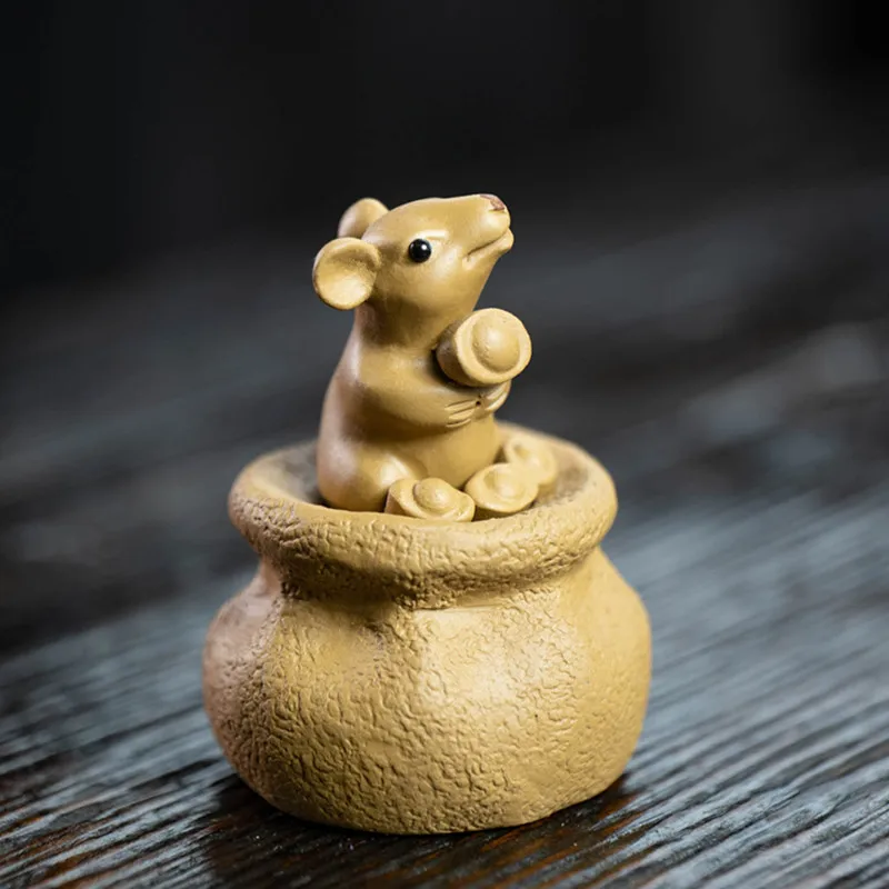 Handmade Yixing Zisha Mouse Tea Pet Figurine Money Bag Gold Ingot Zodiac Decor Tea Set Accessory Gift Box Home