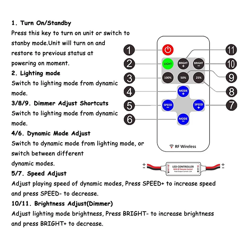 11-Key Mini LED Single Color Dimmer DC 5V 12V 24V 12A 5050 2835 3014 Strips Lights RF Wireless Remote Control Dimming Controller