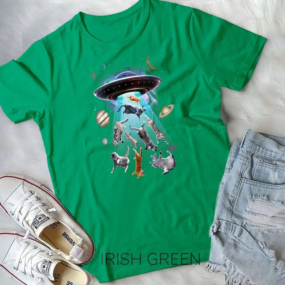 Aliens Abducting cats into Flying UFO Saucer in Cosmic Space Unisex T-shirt