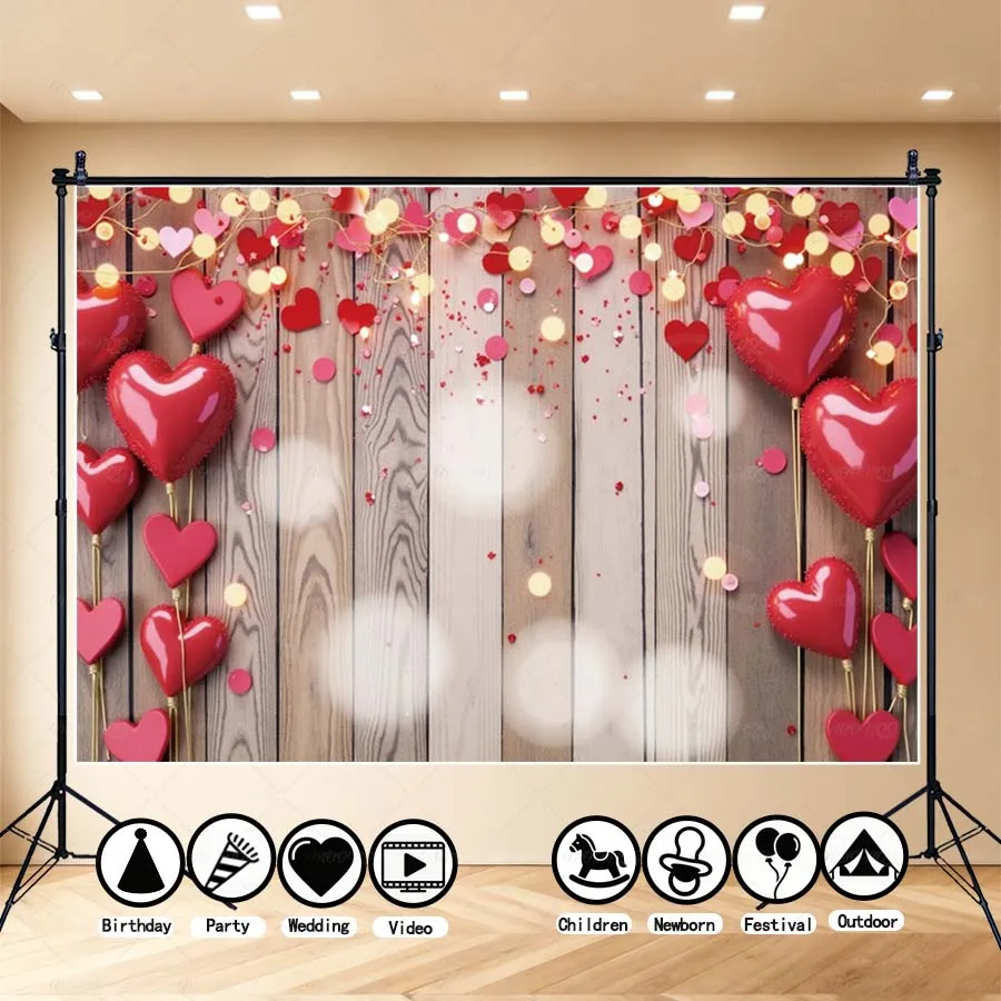 

MOON.QG Rustic Valentine's Day Wooden Photographic Background Heart Balloon February 14 String Light Backdrop Accessories Studio