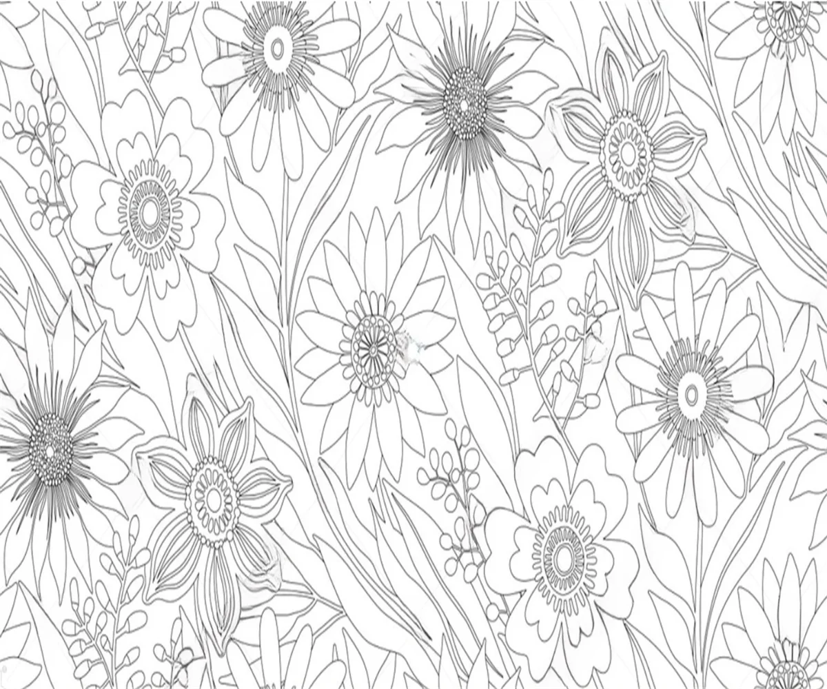 Customized size mural hand drawn flowers and plant sketches black and white style background decoration paintings 3d wallpaper