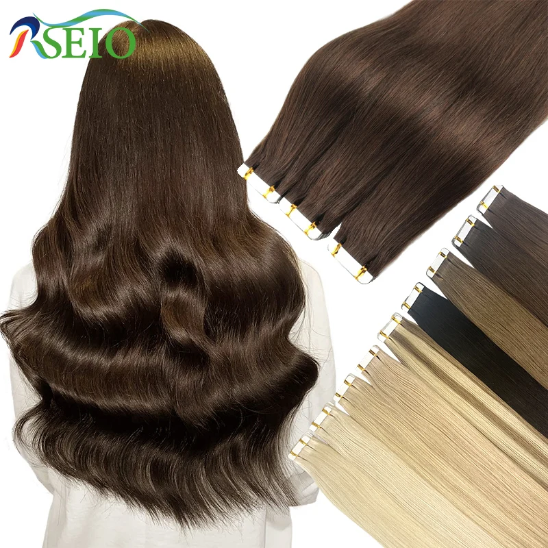 RSEIO High Quality Straight Tape In Human Hair Extensions 100% Real Natural Hair Extension Black Brown Blonde Invisible For wome