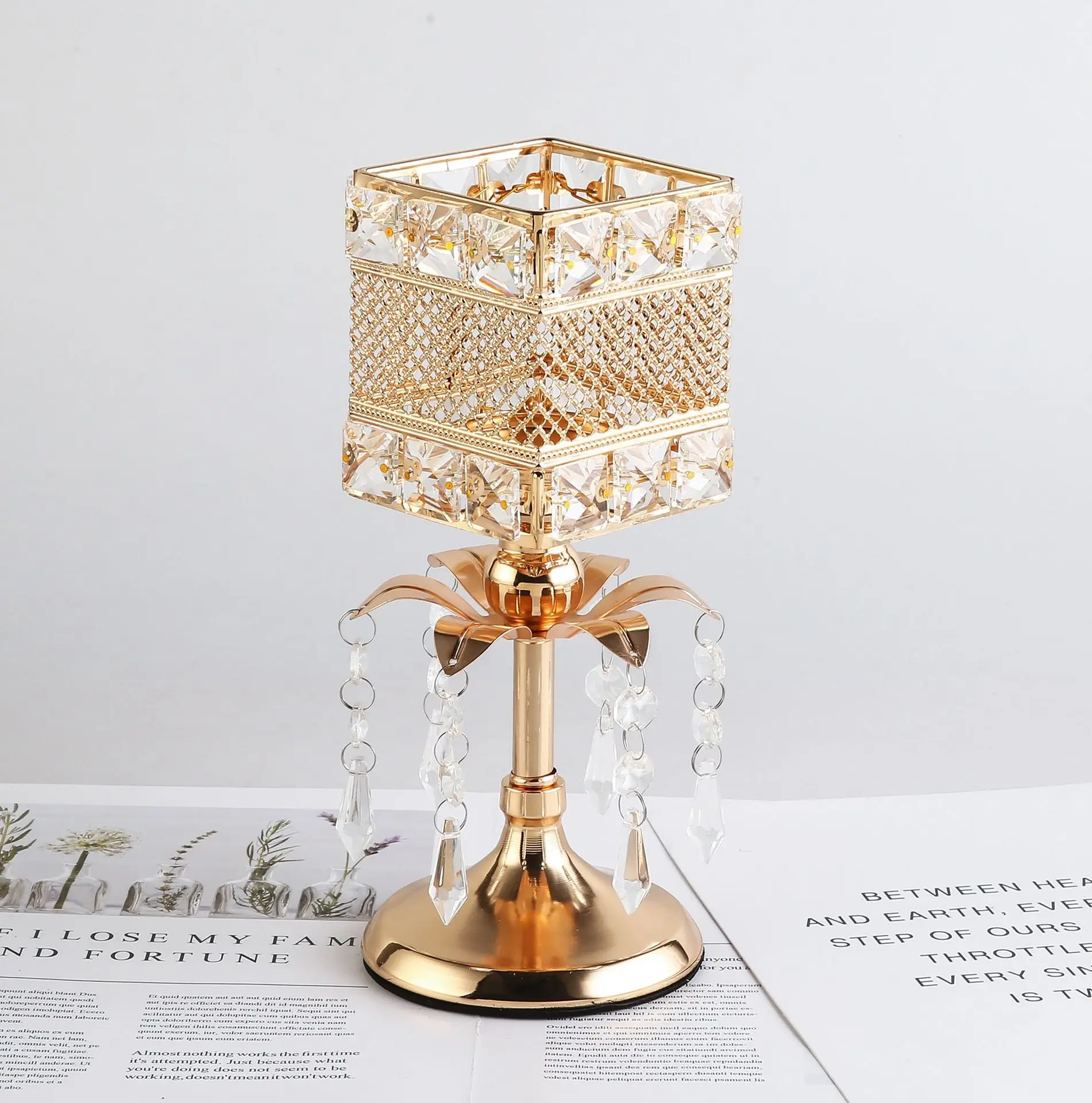 2 Pcs New Gold Metal Candle Holder With Crystal Pendant