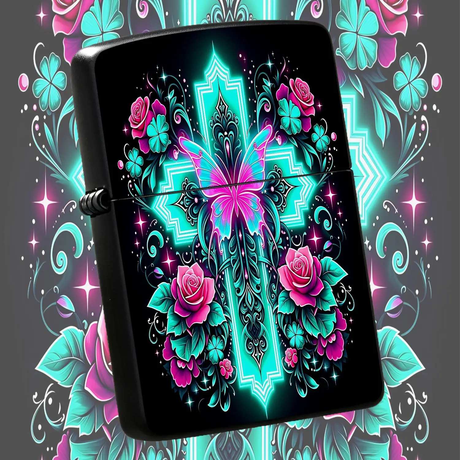 Creative Neoncross Decor Lighter, Vibrant Glowing Cyan Fuchsia Rose Pattern, Exquisite Ornate Art Craft, Portable Stylish Accessory, Ideal For Daily Use Gifting And Various Occasions A Humorous And Interesting Lighter