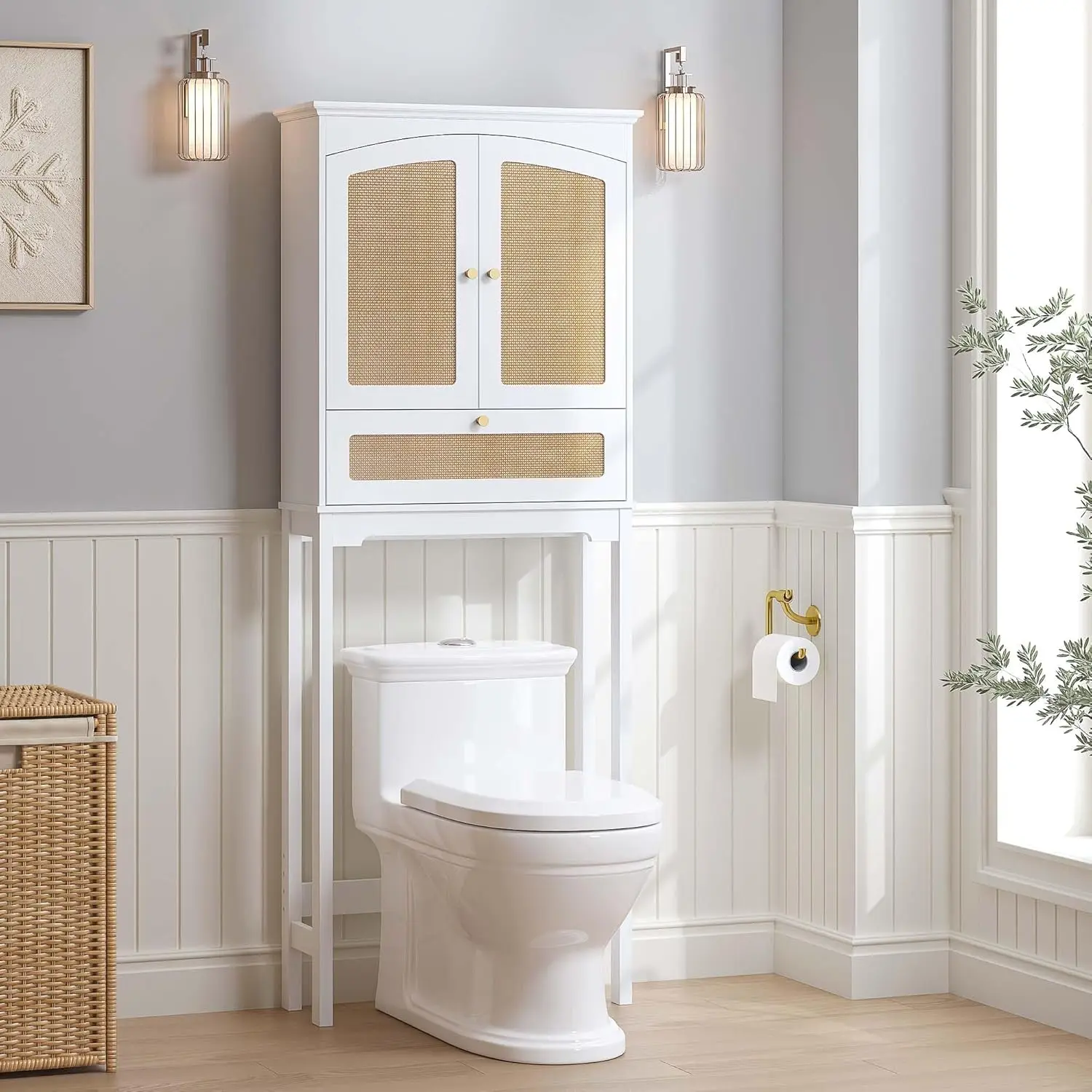 

Over The Toilet Storage Cabinet with Rattan Doors, Over Toilet Bathroom Organizer with Tilt-Out Cube and Adjustable Shelf