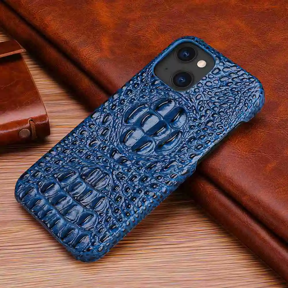 Genuine Leather Case for iPhone 16 15 13 12 11 14 Pro Max 12 13 Mini XS XR 7 8 Plus Case 3D Croc Head Pattern Shockproof Cover