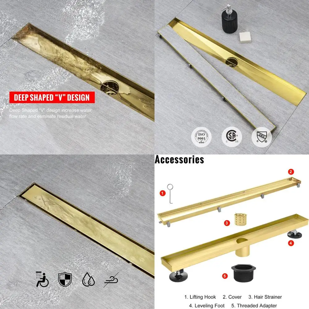 18 Inch Brushed Gold Shower Drain with Invisible Tile Insert Panel and Hair Strainer