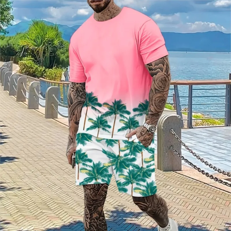 

Men's Summer Short Sleeve Shorts Suit Coconut Tree Print Crew Neck T Shirt Beach Vacation Fashion Set Loose Bandeau Shorts Suits