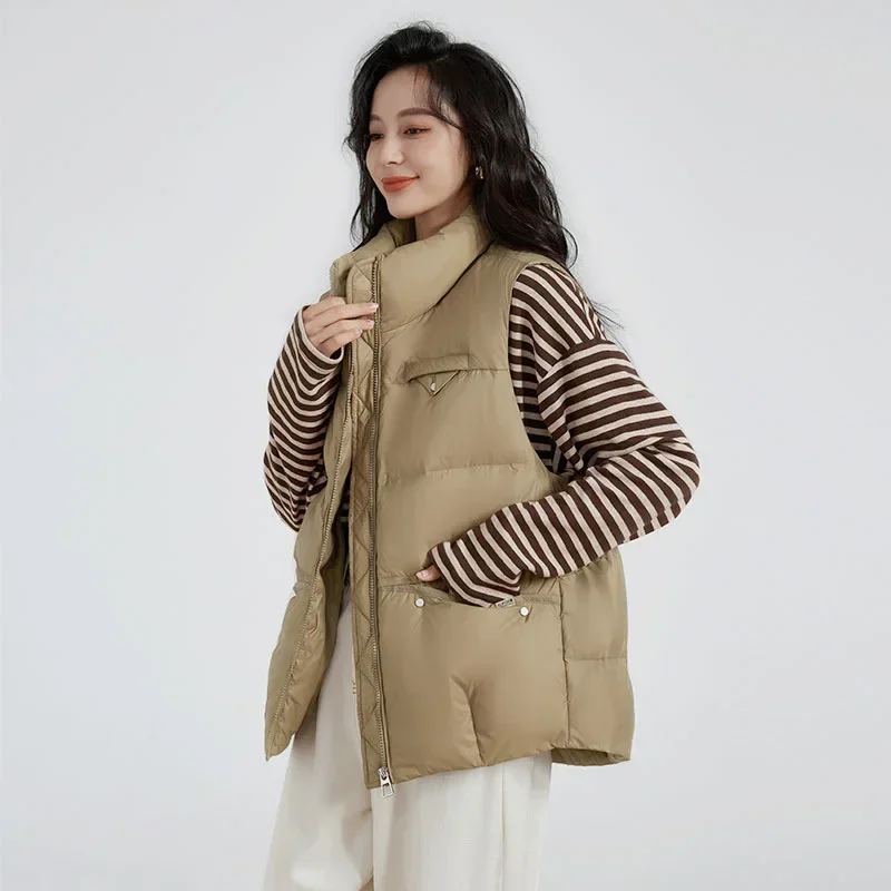 Autumn Winter Women Down Jacket Sleeveless Cardigan Vest White Duck Down Warm Puffer Jacket Chic Design Short Tops Zipper Pocket