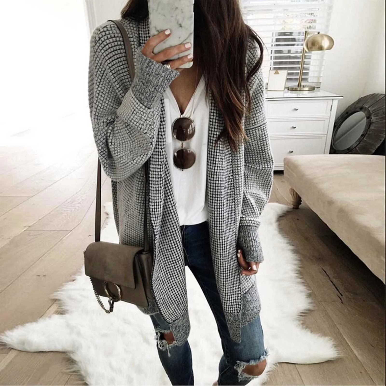 Women'S Black White Checkered Long Sleeved Front Cardigan Knitted Sweater Cardigan Medium To Long Casual Loose Jacket For Daily