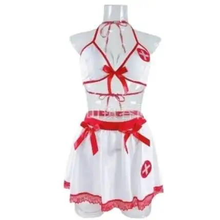 Women Nurse Role Play Lingerie Set Halter Bow Bikini Top High Waist Mini Skirt Lace Trim Halloween Party Cosplay Outfit Y6CS