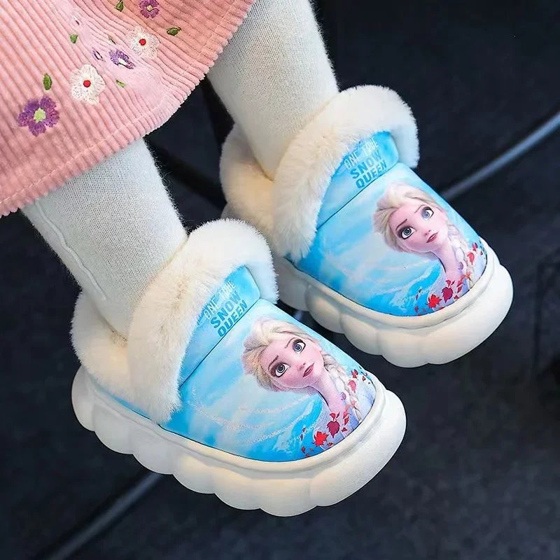 Disney Winter Children Baby Boy Cotton Slipper Kid Cartoon Frozen Elsa Spiderman Print Non Slip Warm Plush Girl Home Shoes 24-39