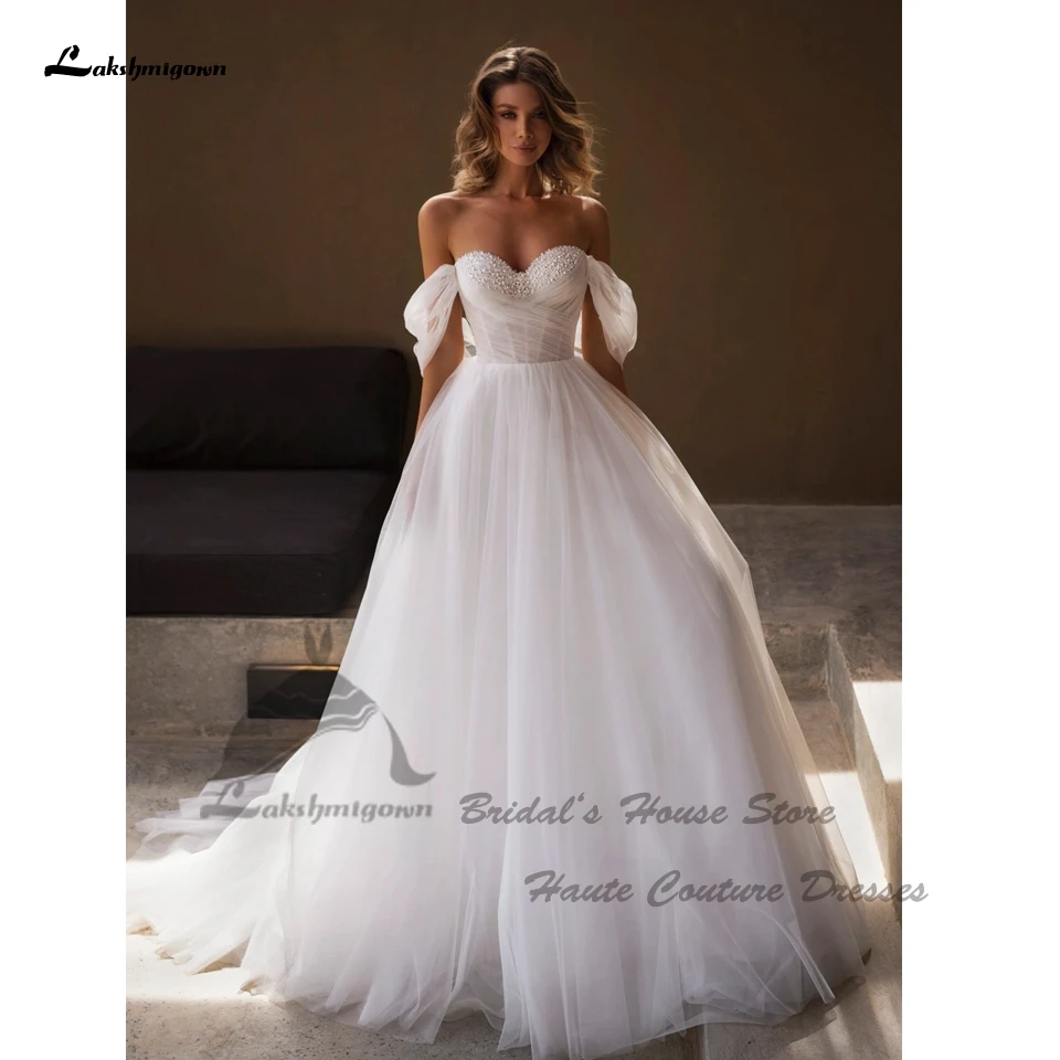 Lakshmigown White Tulle Long Beach Wedding Dresses Sweetheart Bead A Line Bridal Gowns Off The Shoulder 2024 Customized