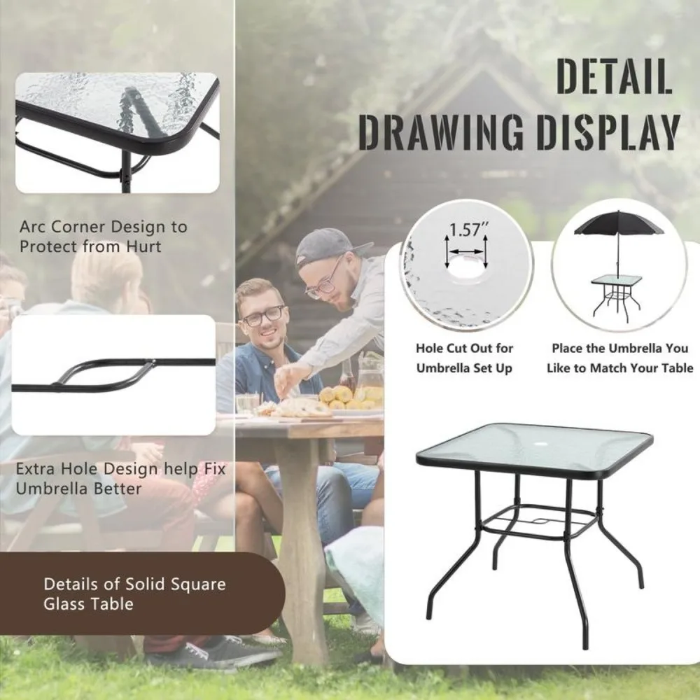 Ensemble de salle à manger de patio pliant 6 pièces avec table en verre et grand parapluie, ensemble table et chaises de patio de jardin extérieur