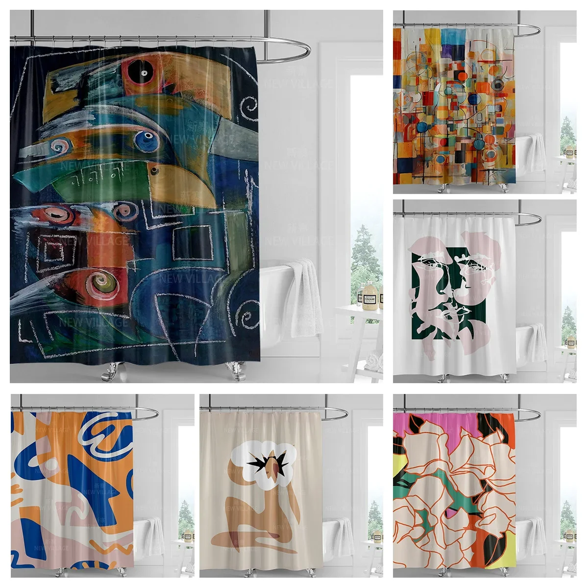 

Водонепроницаемая занавеска для душа с абстрактным художественным принтом — стильный, прочный и удобный в уходе выбор для современного декора ванной комнаты