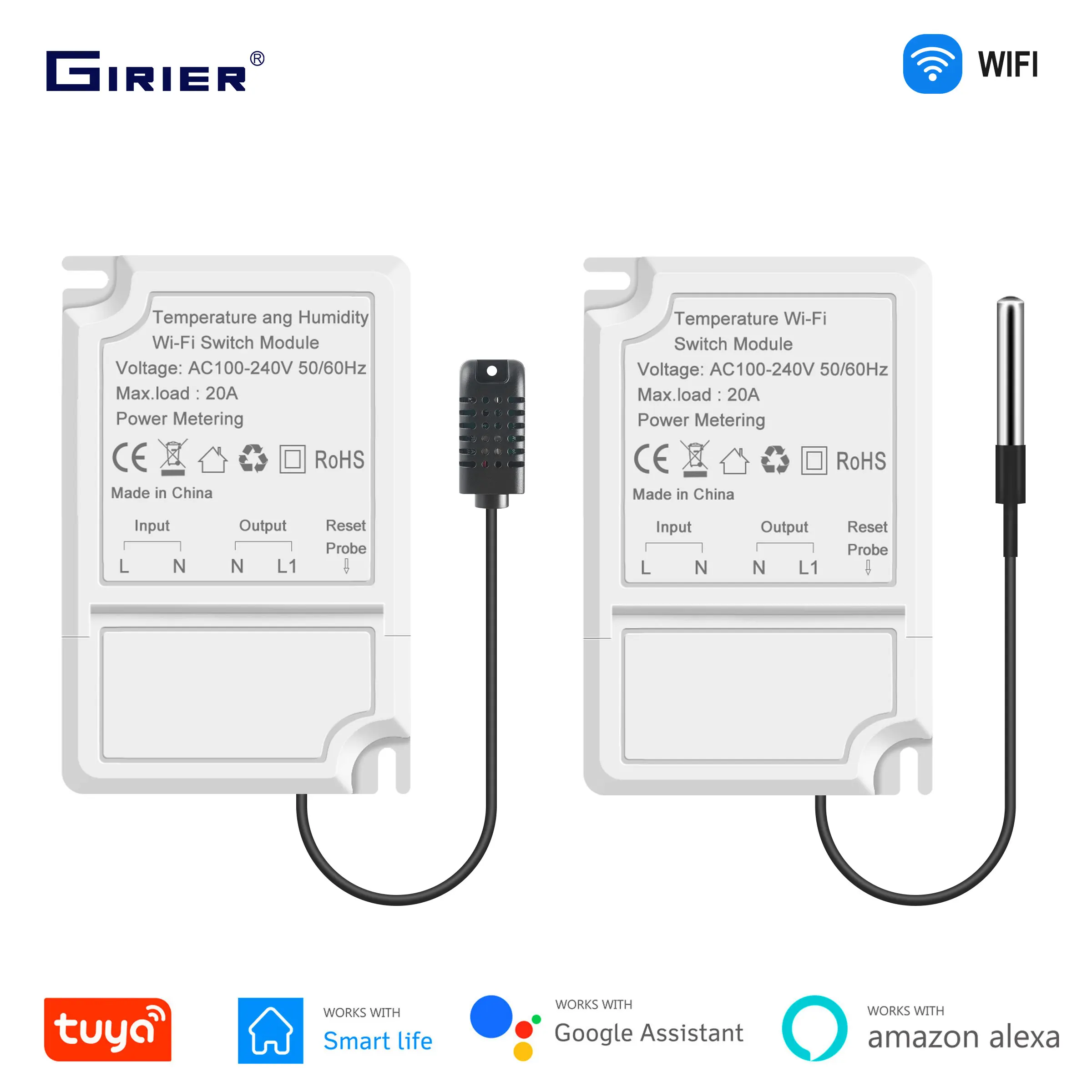 GIRIER Tuya Smart Wifi Switch Module 20A Support Temperature Humidity Detecting Energy Metering Work Hey Google Alexa Smart Life