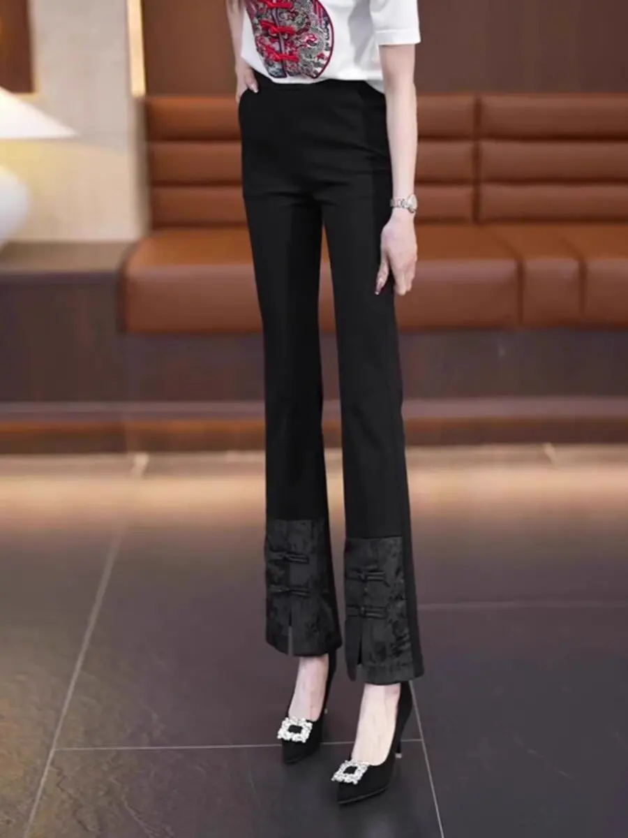 Black Asymmetrical Flared Pants for Women Spring Autumn High Waist Chinese Style Casual Pants High Waist Loose Fit Breathable