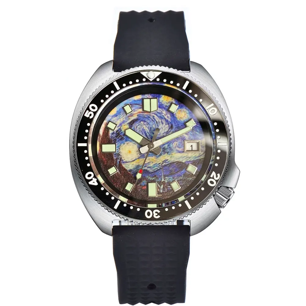 Tandorio Diver Retro, pintura al óleo de 44mm, esfera luminosa verde cielo estrellado, cristal de zafiro, 200m, impermeable, NH35A, relojes automáticos