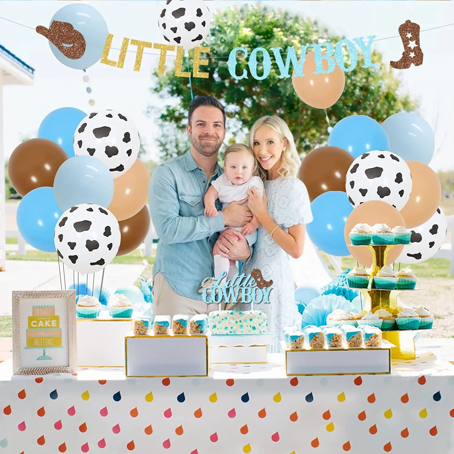 Cow Balloon Arch Garland Kit Khaki Skin Baby Blue Cow Printed Birthday Balloons for Little Cowboy Farm Birthday Party Decoration