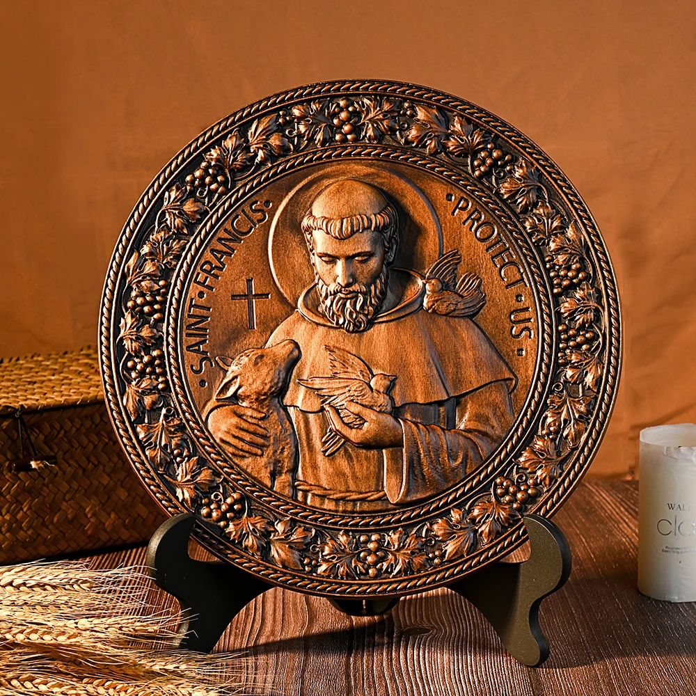 Saint Francis Protect Us Round Relief Plaque, Religious Saint Woodcarving Disc, Catholic Home Table & Wall Decoration, Christian