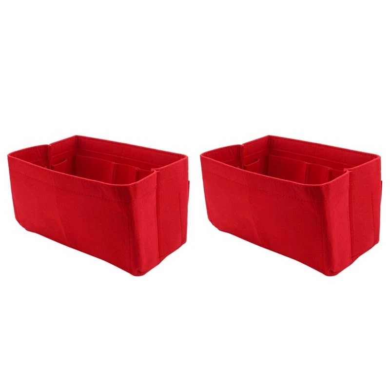 NEW-2X Red Home Storage Bag Purse Organizer Felt Insert Bag Makeup Organizer Inner Purse Portable Cosmetic Bags Storage Tote