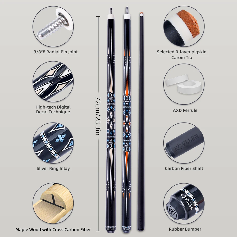 KONLLEN Professional Carom Cue Carbon Fiber shaft 12mm Tip18.3oz 56 Inch 1/2 Split 3*8/8 Radial Pin Joint 3 Cushion Billiard Cue