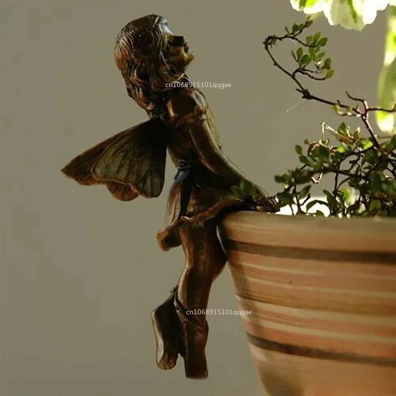 Angel Girl Hanging Cup Resin Decoration Fairy Combination Flower Basket Edge Decoration Garden Design Fairy Pot Huggers