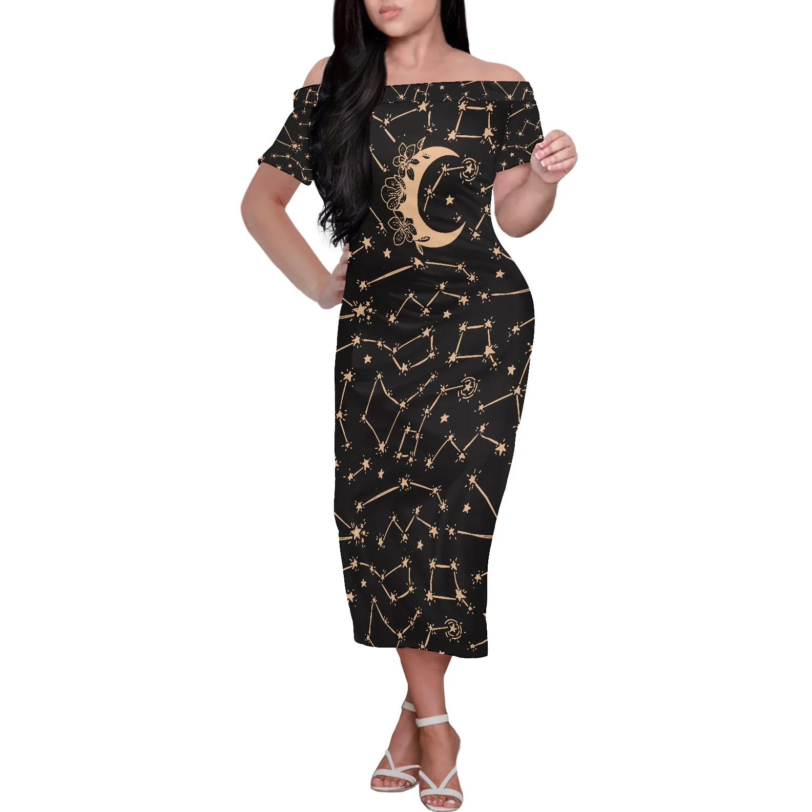 Off Shoulder Short Sleeve Clothing Summer Dress 2022 Women's Fashion Dress Elegant Sexy Black Collection Starry Print Long Dress