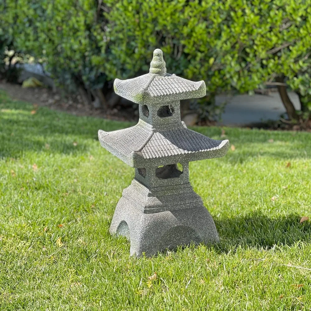 

2 Tier Pagoda Garden Statue LED Solar Powered Light 26" Tall Outdoor Zen Garden Lantern Landscape Lawn Asian Pagoda Stupa Decor