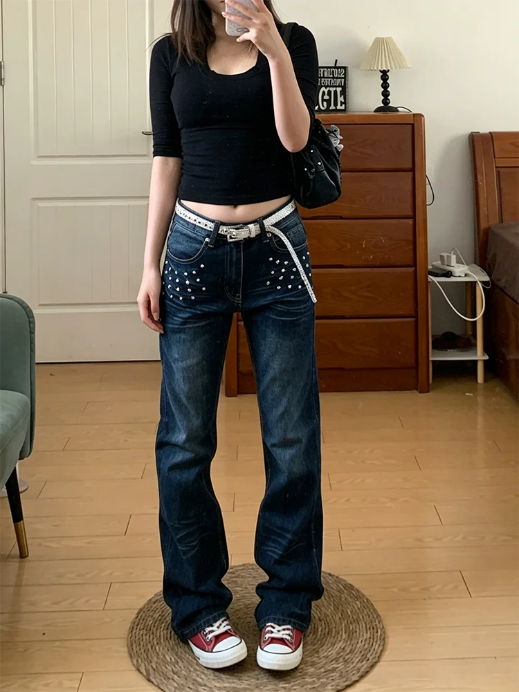 Retro American Large Size Jeans Women's New Style Micro Flared Slimming Casual Long Pants Rivet Washed out Straight Leg Jeans