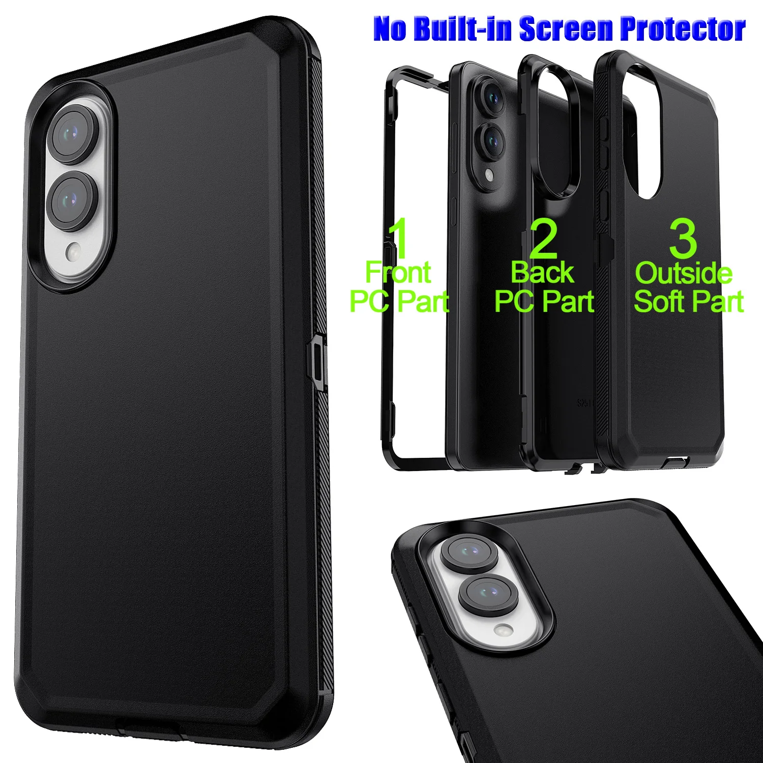 Zwart voor Samsung Galaxy S25 Edge Case Heavy Duty schokbestendig harde beschermende robuuste hybride 3-lagen hoes