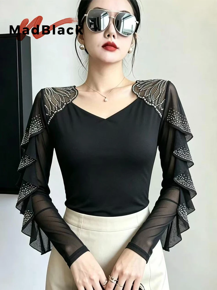 MadBlack-Women European T-Shirt, Sexy V Neck Ruffles Diamond, Hotsweet Long Sleeve Slim M-3XL Knit Tee, 2026 Autumn New T69105CC