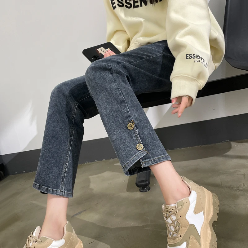 

High Waist Straight Leg Jeans Women's Slim Fit Nine Tube Pants Spring Autumn High Waist Narrow Version Deep Color Denim Jeans