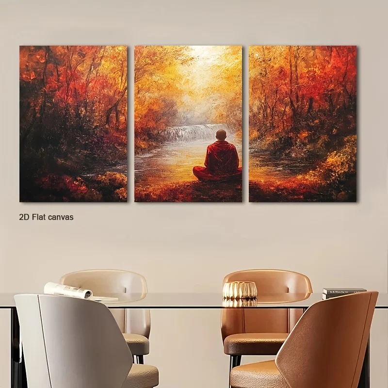 Frameless Canvas 3pcs Zen Meditation Wall Art Framed - /Chinese Monk Meditating By Autumn Waterfall, Wrap-Around Canvas Fram