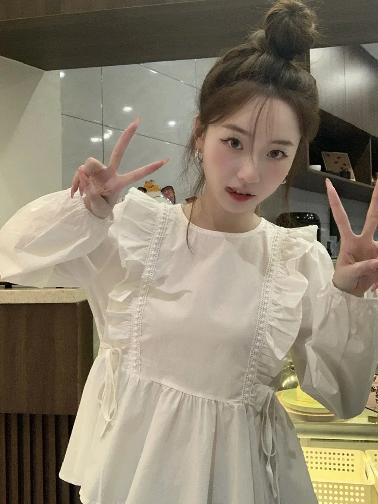 Ruches Zoet Wit Shirt Vrouwen Losse Koreaanse Mode Lange Mouw Blouse Casual Leuke O Hals Ontwerp Vrouwelijke Preppy Stijl Tops