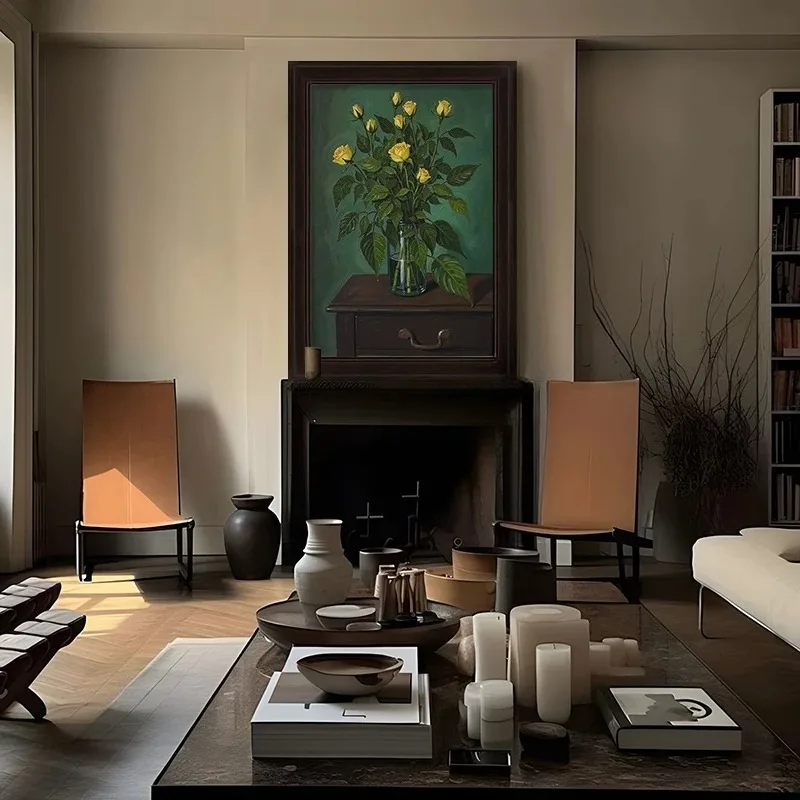 Medieval style living room decorative painting yellow rose flower vase flower still life hand painted bedroom oil painting