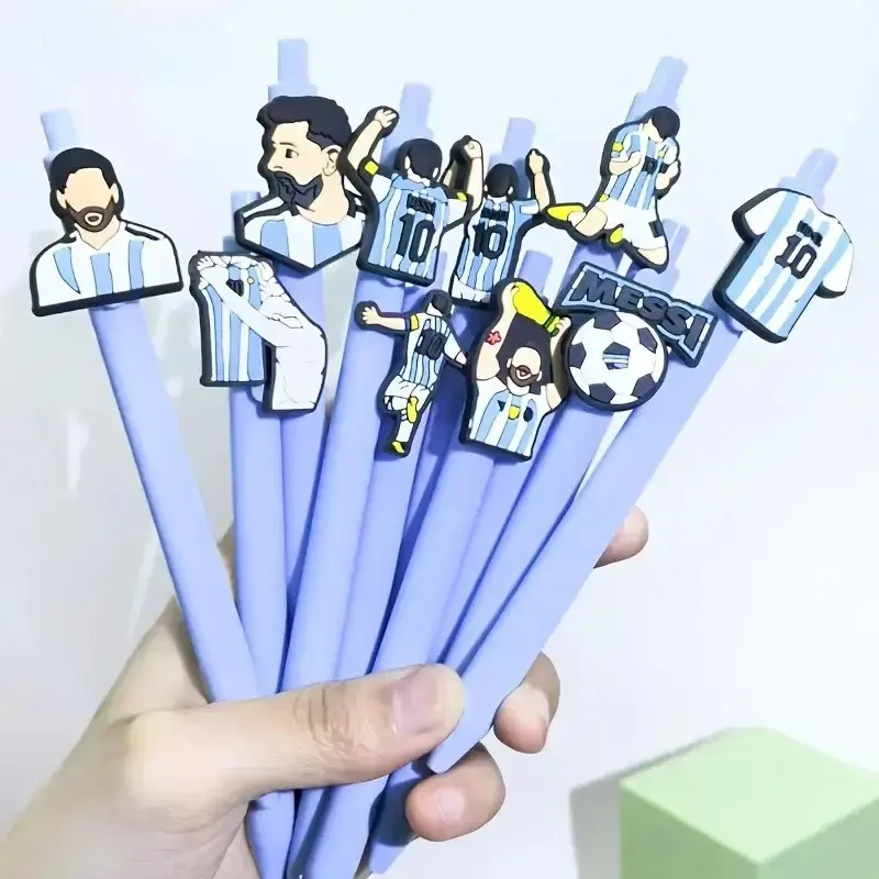 

10/15pcs football character patch pen, retractable ballpoint pen, blue and white design, with football and player illustrations