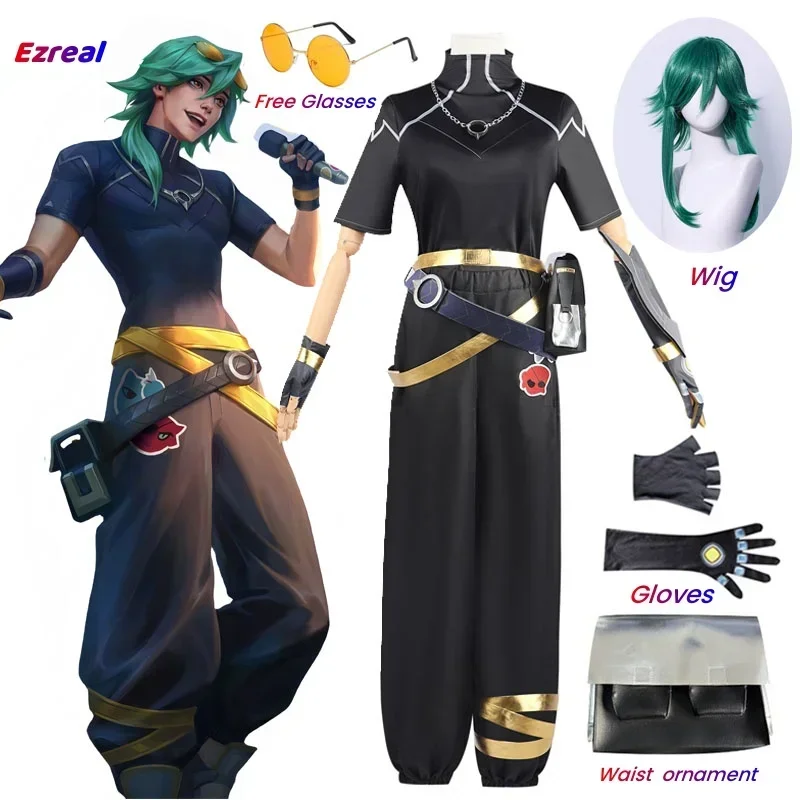 

2025 Game LOL HEARTSTEEL Ezreal Cosplay Costume LOL HEARTSTEEL GQ Ezreal Black Unisex Suit Halloween Full Set with Glasses