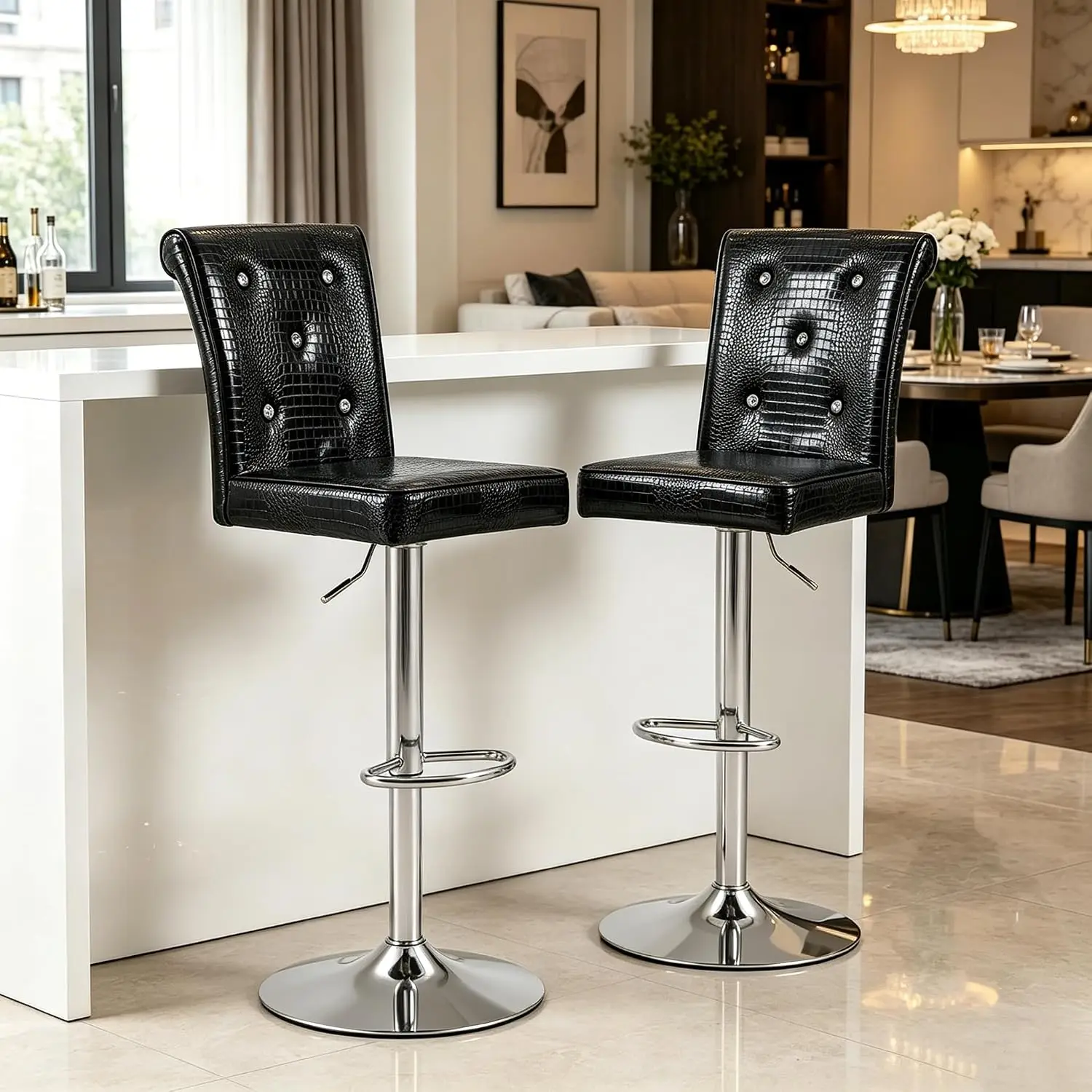 2 Swivel Bar Stools with Back, Waterproof Faux Leather Counter Height Chairs with Crystal Button for Dining Pub, Black+Silver, C