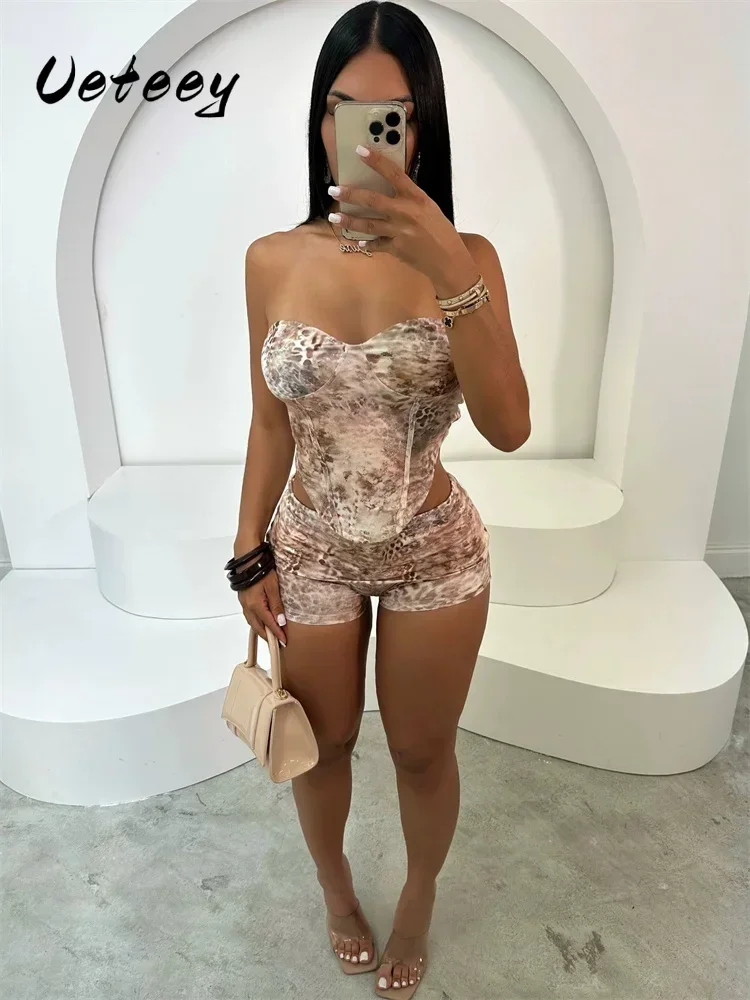 

Ueteey Leopard Print 2 Piece Set Women Matching Summer Strapless Crop Tanks+Stacked Skinny Shorts Female Hipster Streetwear