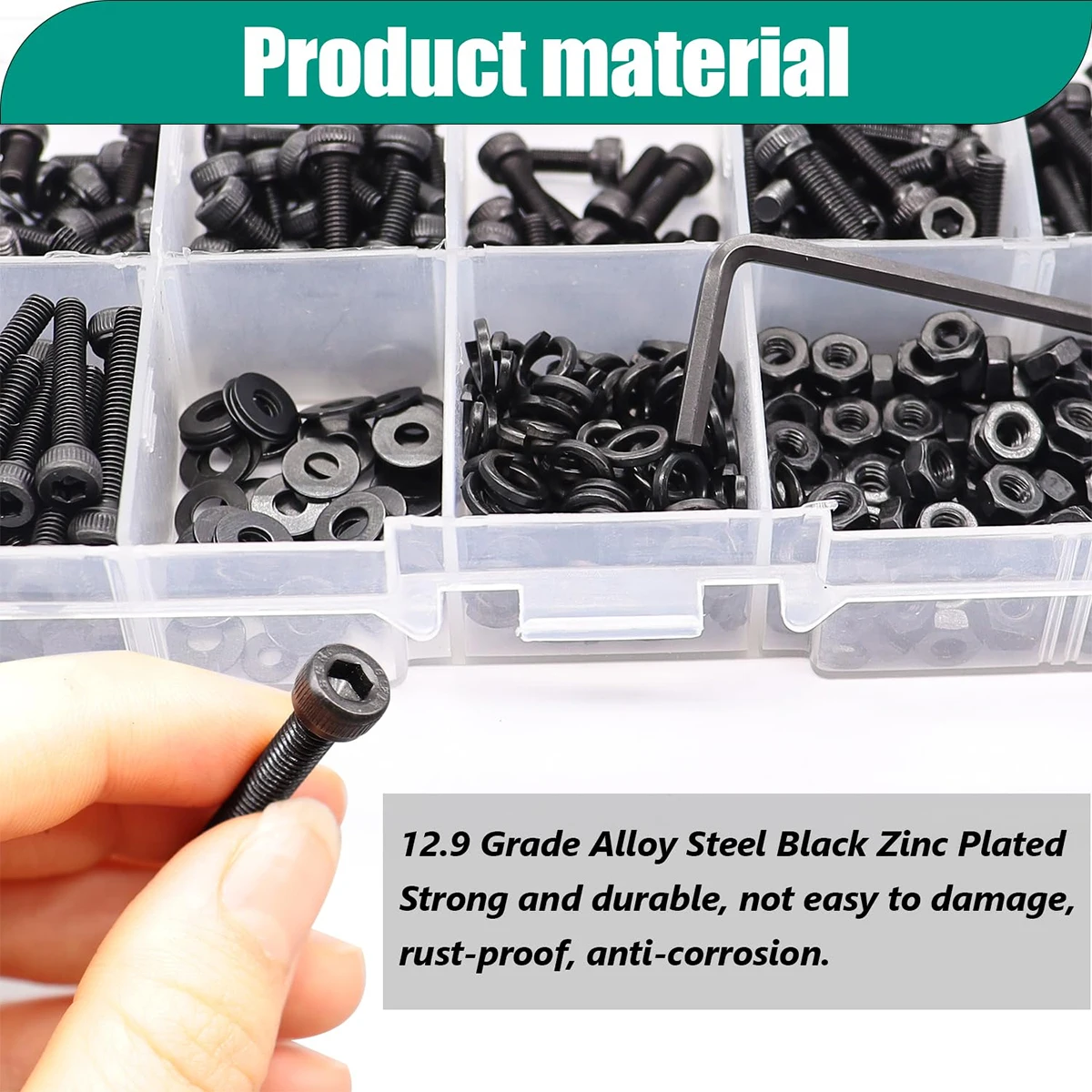 ชุดสกรูเหล็กอัลลอยด์เกรด 12.9 จำนวน 440 ชิ้น ขนาด M3x6/8/10/12/16/20 มม. พร้อมน็อตหัวหกเหลี่ยม แหวนรอง และน็อตแบบรวม
