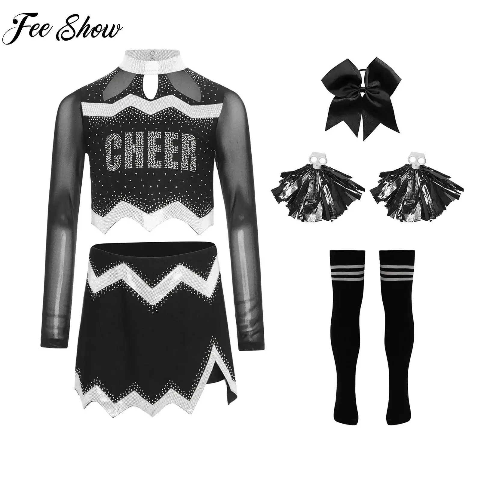 

Child Girls Cheerleading Costumes Uniform Long Sleeve Rhinestone Crop Top+Skirt+Accessories Suit for Birthday Party Performance