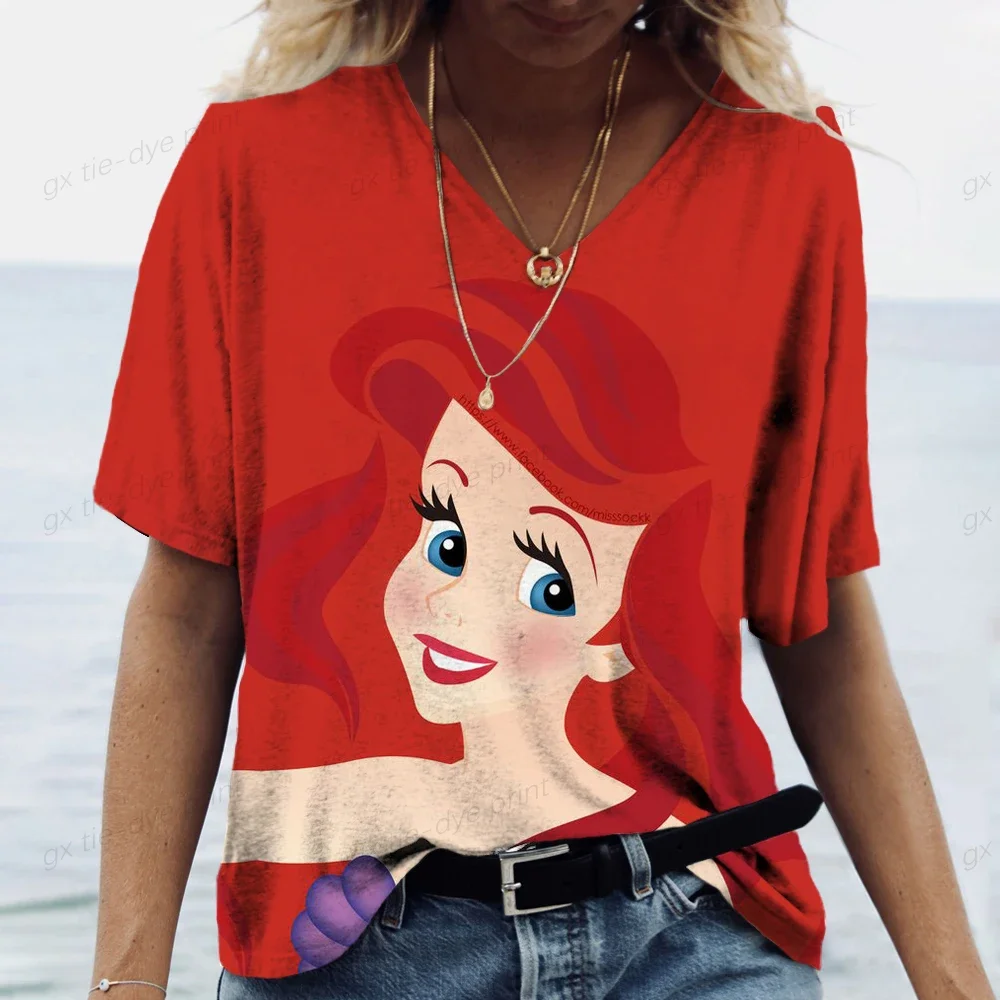 Street Fashion Clothing Disney Princess Women\'s V-neck T-shirt Summer Women\'s Top Harajuku Cartoon Pattern Girl T-shirt Cute