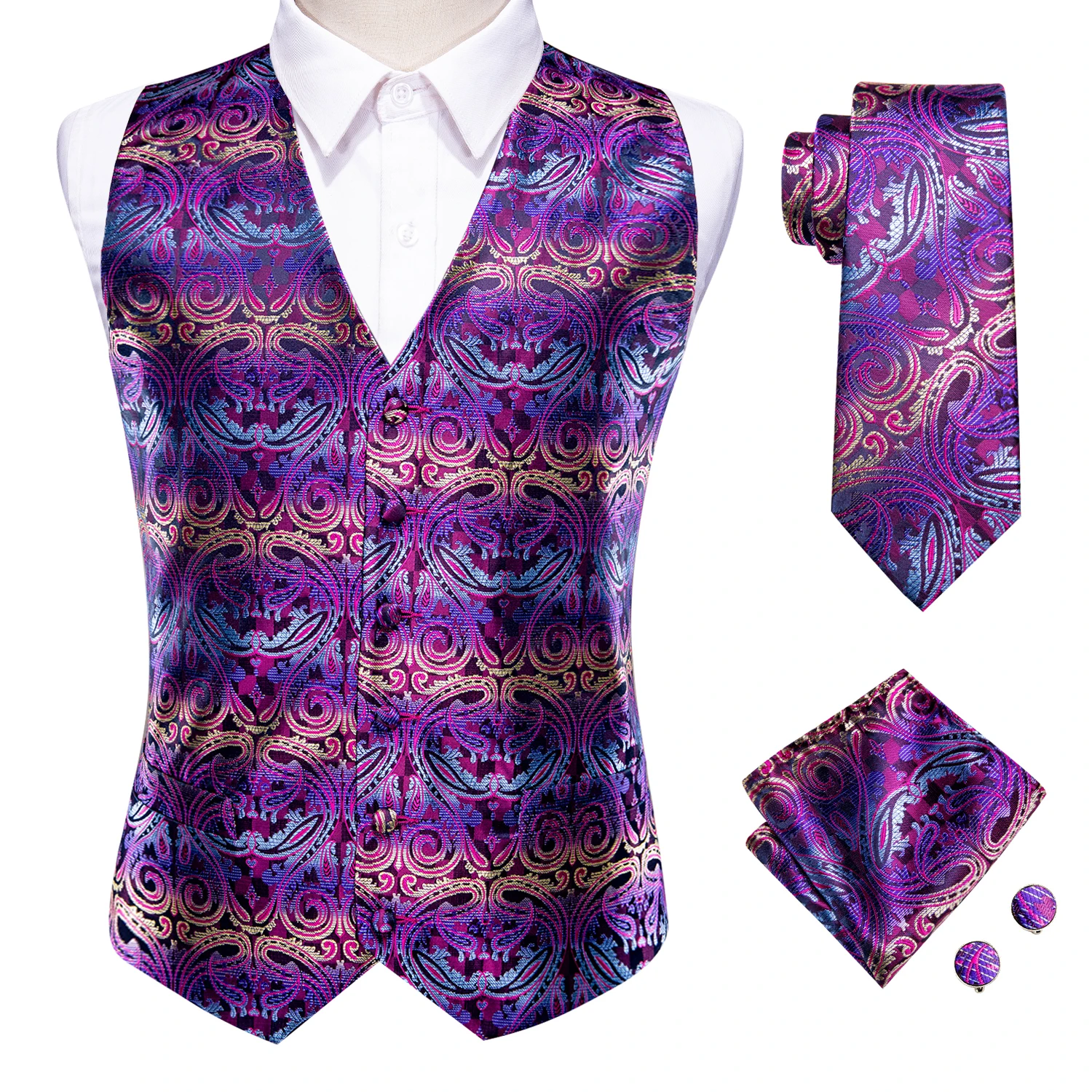 Conjunto de abotoaduras e broches Hanky para homens, colete de seda Hi-Tie, colete Paisley Purple Teal Gold, terno de casamento, designer de festas