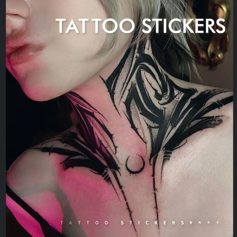 Y2K Pink Succubus Temporary Tattoos for Woman Neck Fake Tattoo Large Pattern Tattoo Sticker Waterproof Punk Dark Sticker