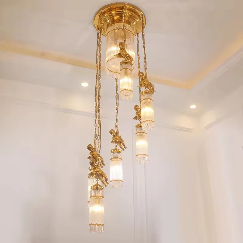 European Staircase Long Chandelier Brass Luxury Modern Pendant Lamp Stair Pendants Cluster Pendant Light