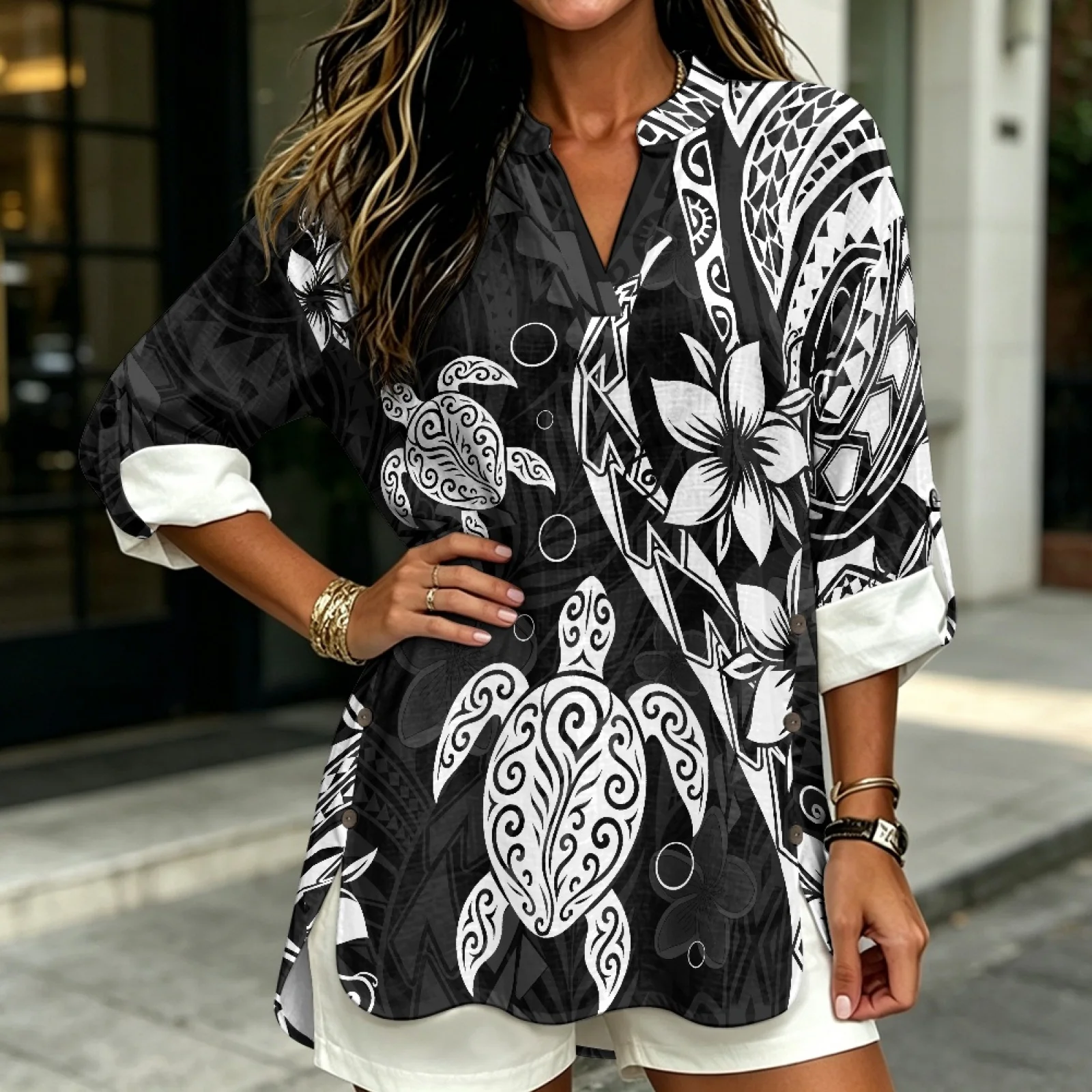 PENSTROLL Tribal Swirl Print Rolled Cuffed Long Sleeve Blouses for Resort Gatherings Linen Like Beach Tops Sizes S-5XL