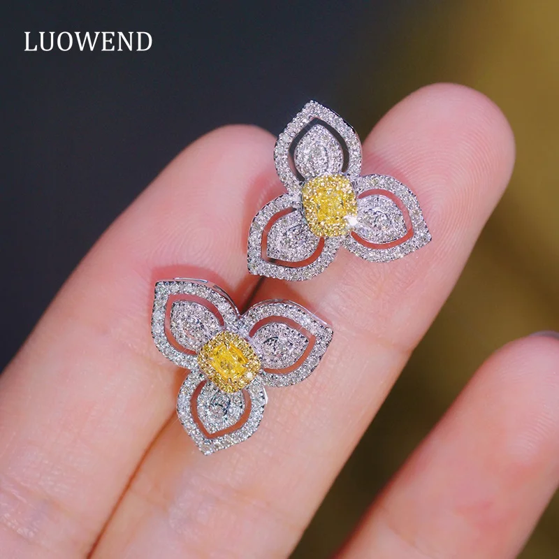 

LUOWEND 18K White Gold Earrings Luxury Clover Design INS Style Real Natural Yellow Diamond Stud Earrings for Women Engagement