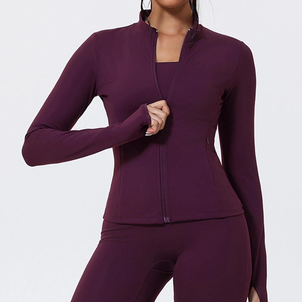 اليوغا طويلة الأكمام المرأة سترة رياضية سستة معطف اليوغا الملابس سريعة الجافة اللياقة البدنية سترة قمصان للجري ثقب الإبهام الصالة الرياضية تجريب أعلى