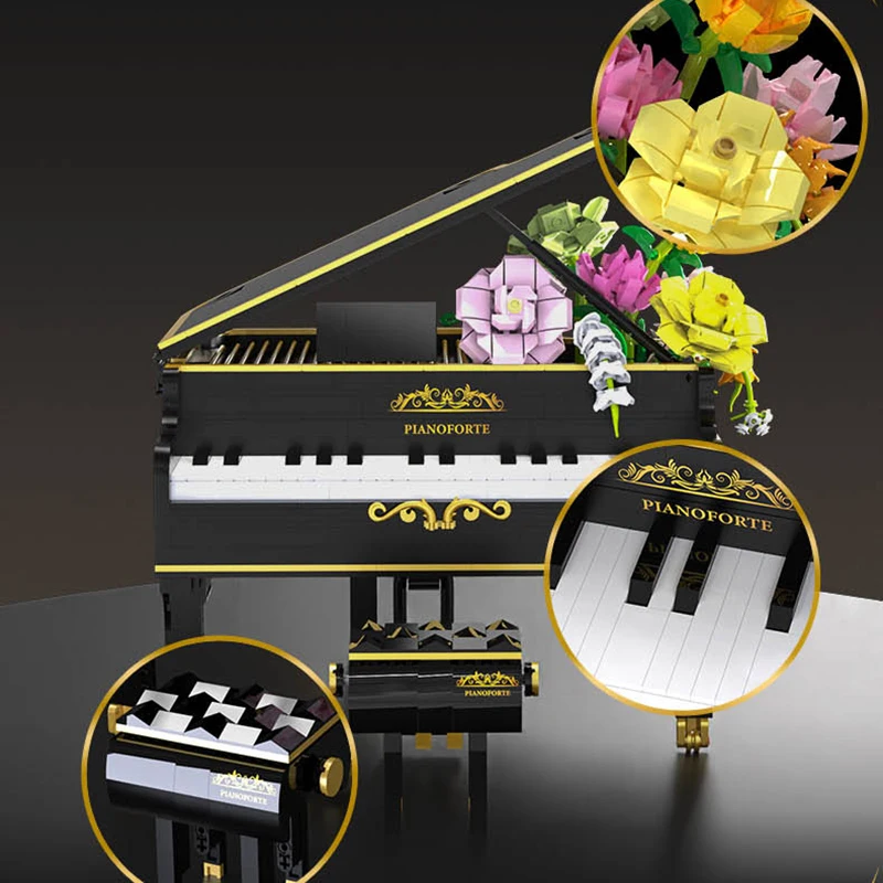 Creative Black Piano Pink Rose Bouquet Model Building Blocks Musical Instrument Construction Bricks Set Toys Children Adult Gift